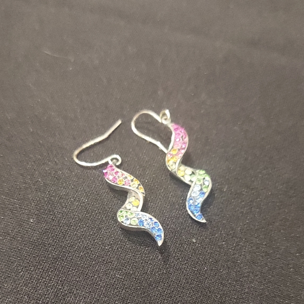 Sterling Silver Rainbow CZ Wave Earrings - Picture 2 of 4
